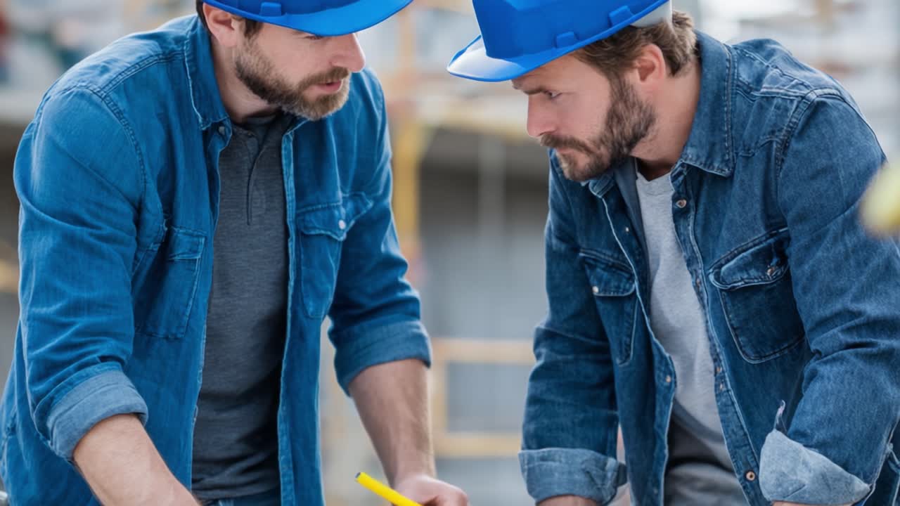 Two Construction Workers Intensely Reviewing Plans with Focused Expressions on Their Faces, Highlighting Collaboration and Attention to Detail at the Job Site