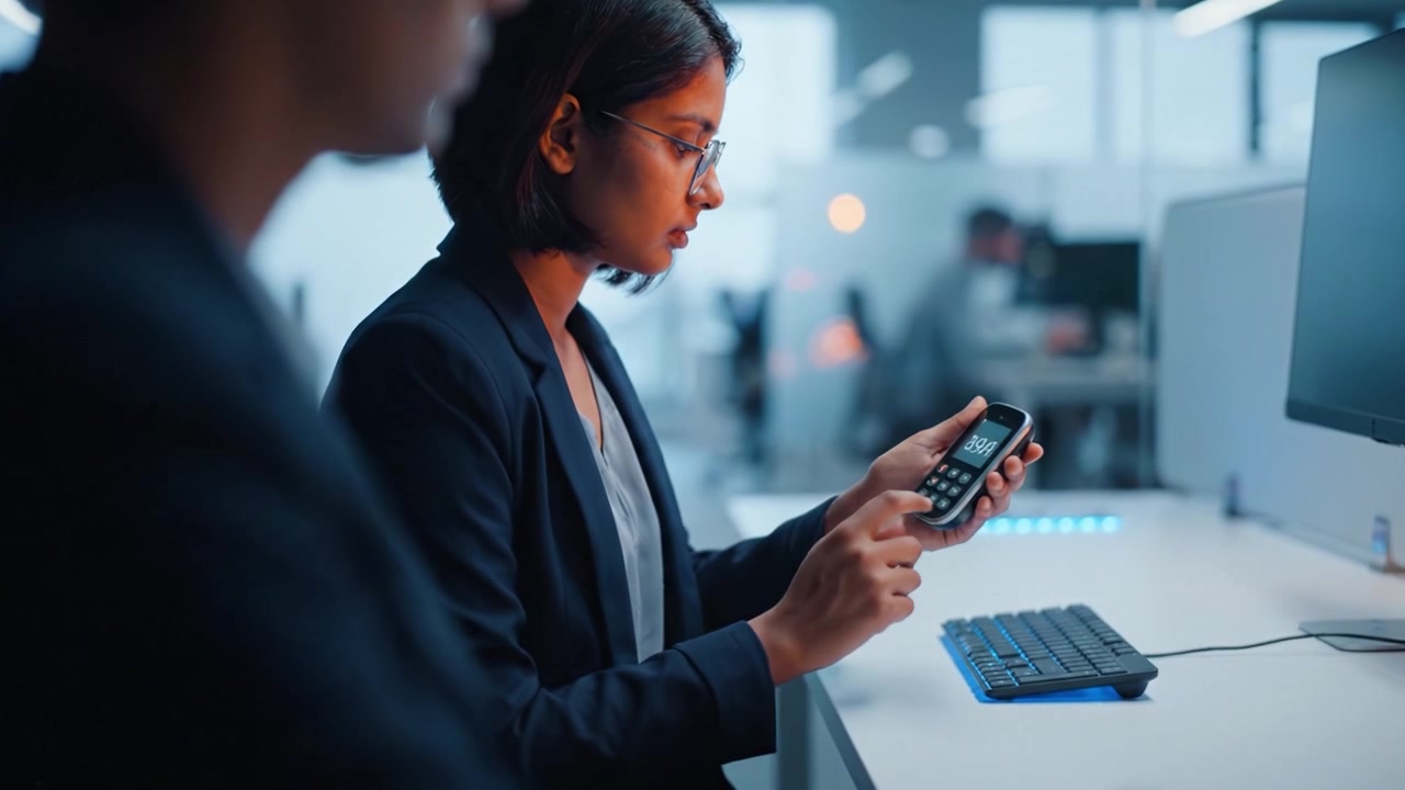 Focused Professional Woman Typing on Computer in Modern Office Environment, Emphasizing Concentration and Workplace Collaboration Amidst Colleagues