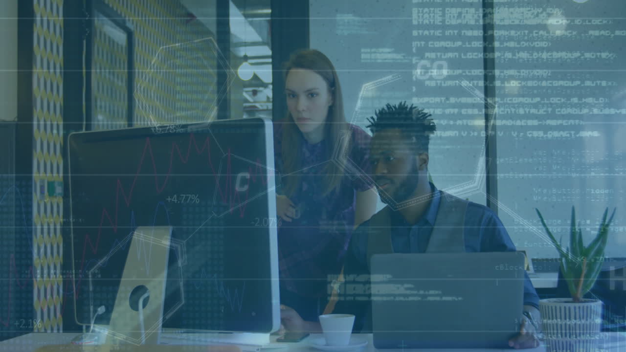 Animation of programming language, diverse colleague discussing over laptop and computer in office