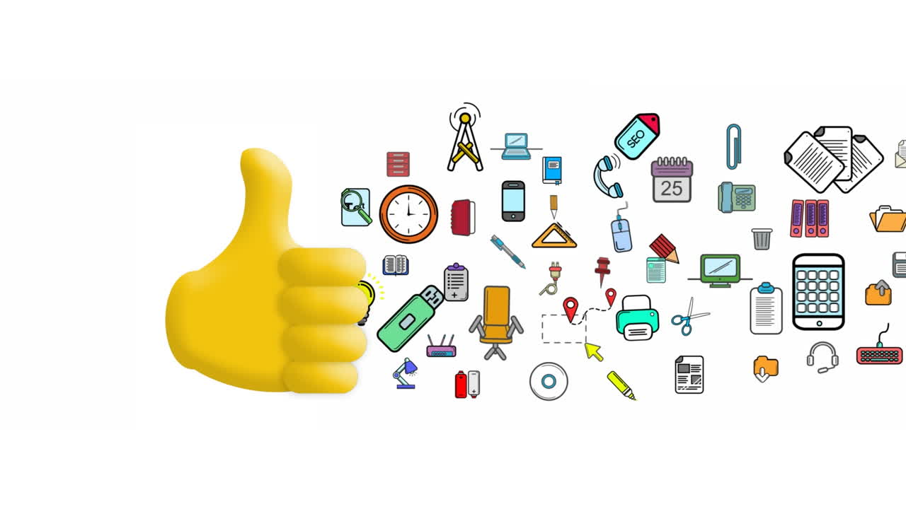 Animation of thumbs up and office equipment emoji icons over white background
