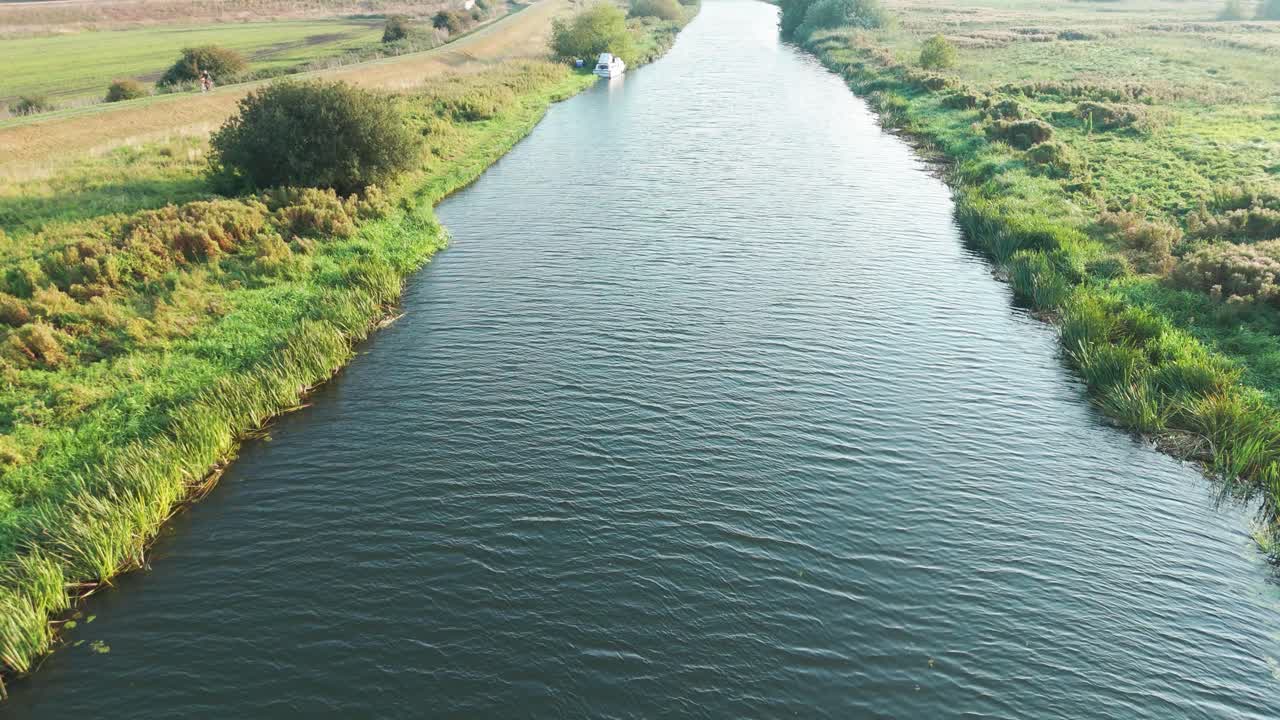 Peaceful Canal Scene: Aerial View of a Tranquil River with Boat