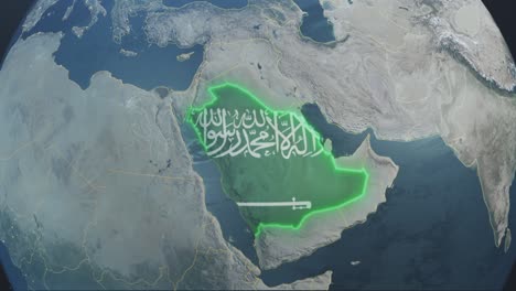 4k globe map of saudi arabia  with flag (highlighted)