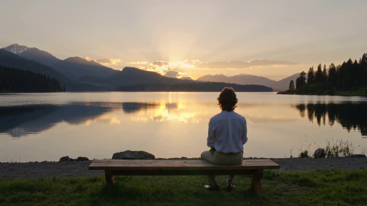 Homem caminhando com roupas leves, sentado em banco de madeira à beira de lago de montanha, observando o pôr do sol refletindo.
