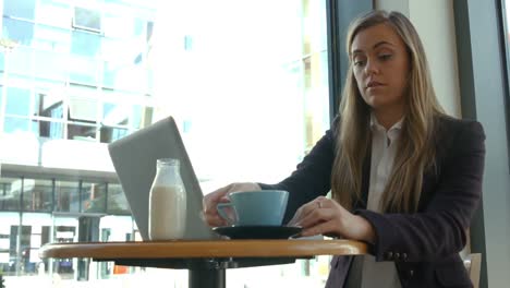 businesswoman using laptop in cafe