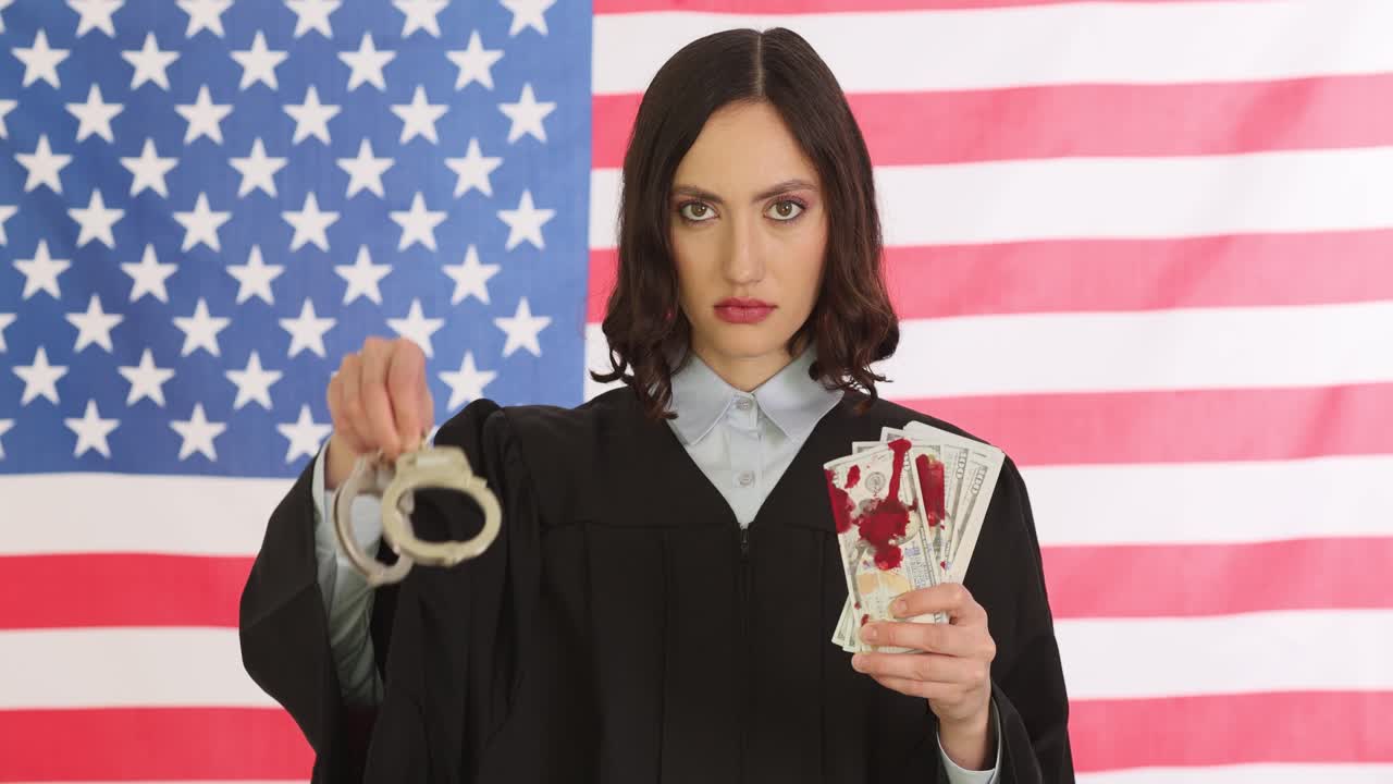 Lady judge shows handcuffs and cash standing against usa flag
