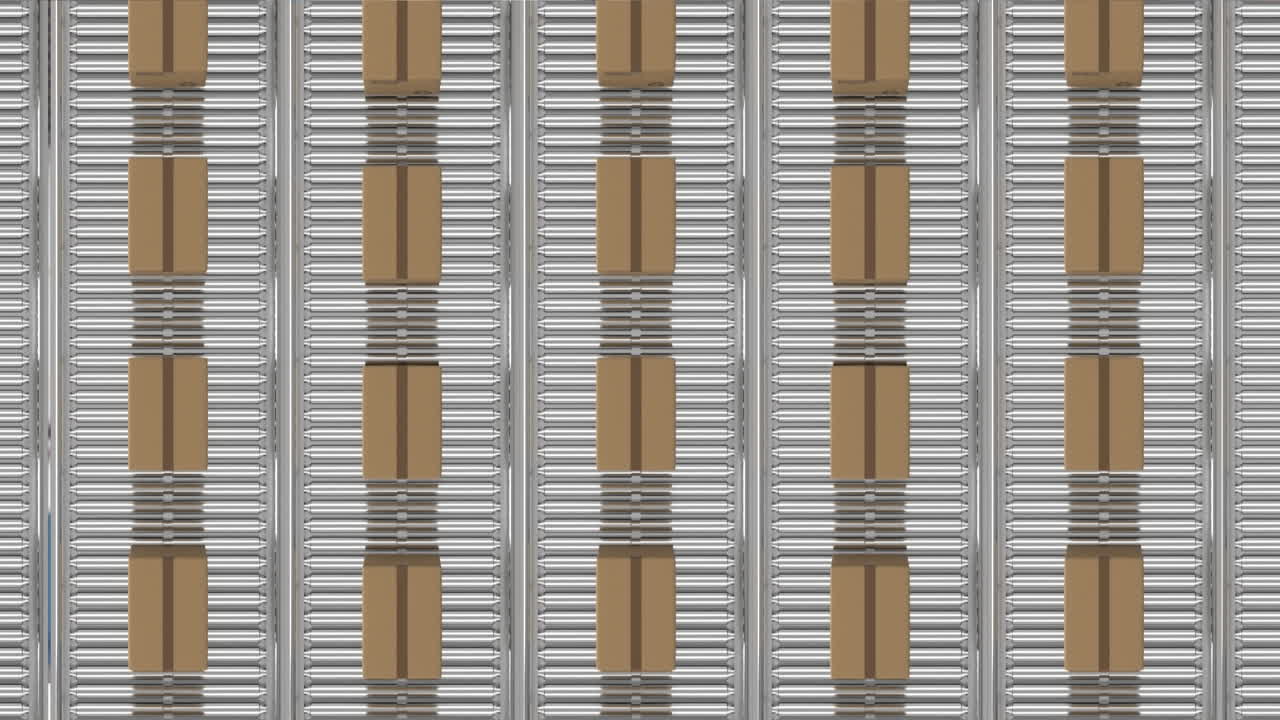 컨베이어 벨트에 있는 여러 배달 상자의 상상식의 디지털 애니메이션