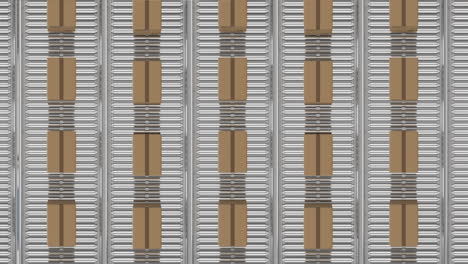 Digital animation of overhead view of multiple delivery boxes on conveyor belt