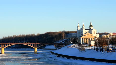 vitebsk, belarus. winter view of holy assumption cathedral, national academic drama theater named after yakub kolas