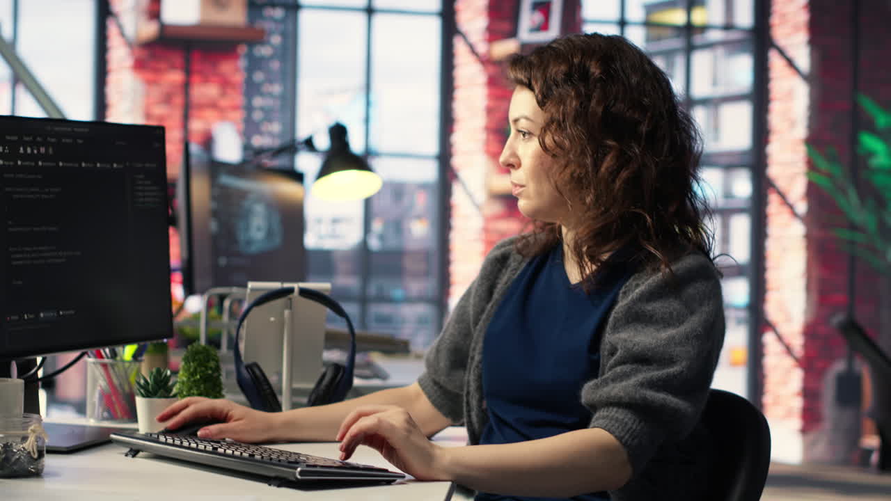 IT female technician uses coding language on computer at the agency