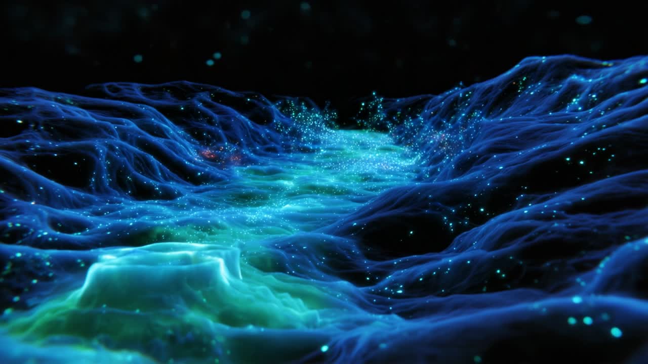 A mesmerizing, luminous journey through an ethereal landscape filled with dynamic waves of vibrant colors and shimmering particles, evoking a serene yet enchanting atmosphere in a digital realm