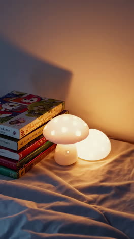 mushroom night lights on bookshelf