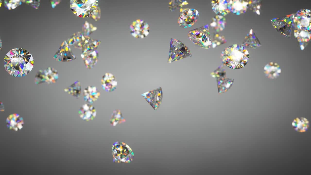 Colorful shining brilliant diamonds fall 3D render seamless loop animation