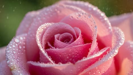 a stunning close-up of a dew-drenched pink rose blossom, showcasing the intricate petals and vibrant colors amidst nature's beauty in a serene garden setting