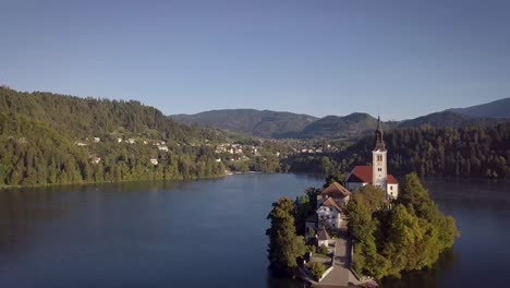 aerial pan of lake bled