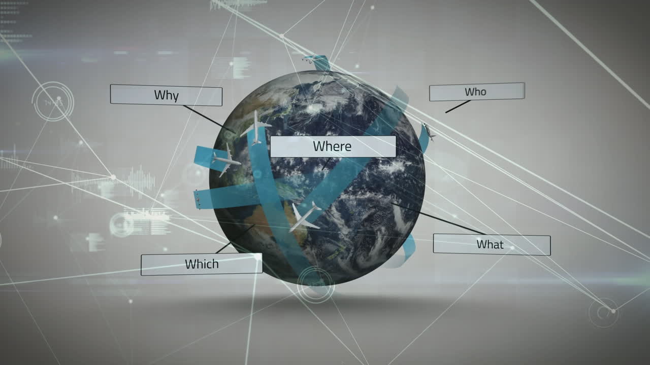 анимация сетей соединений с самолетами и текстом по всему миру