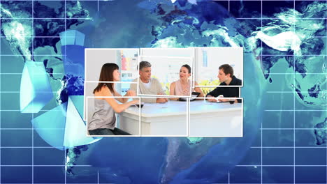 montaje de negocios contra un mapa del mundo azul