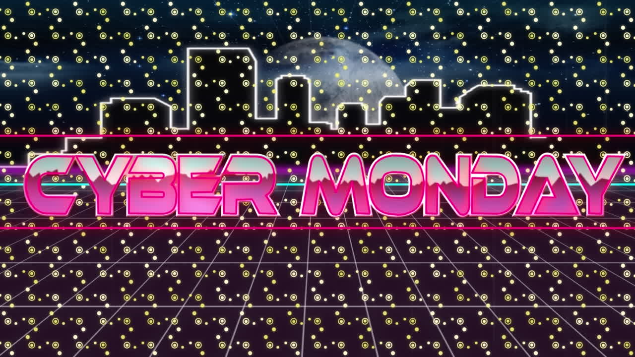 사이버 월요일 텍스트 네온 배너에 대한 추상적인 모양과 도시 풍경에 대한 원활한 패턴