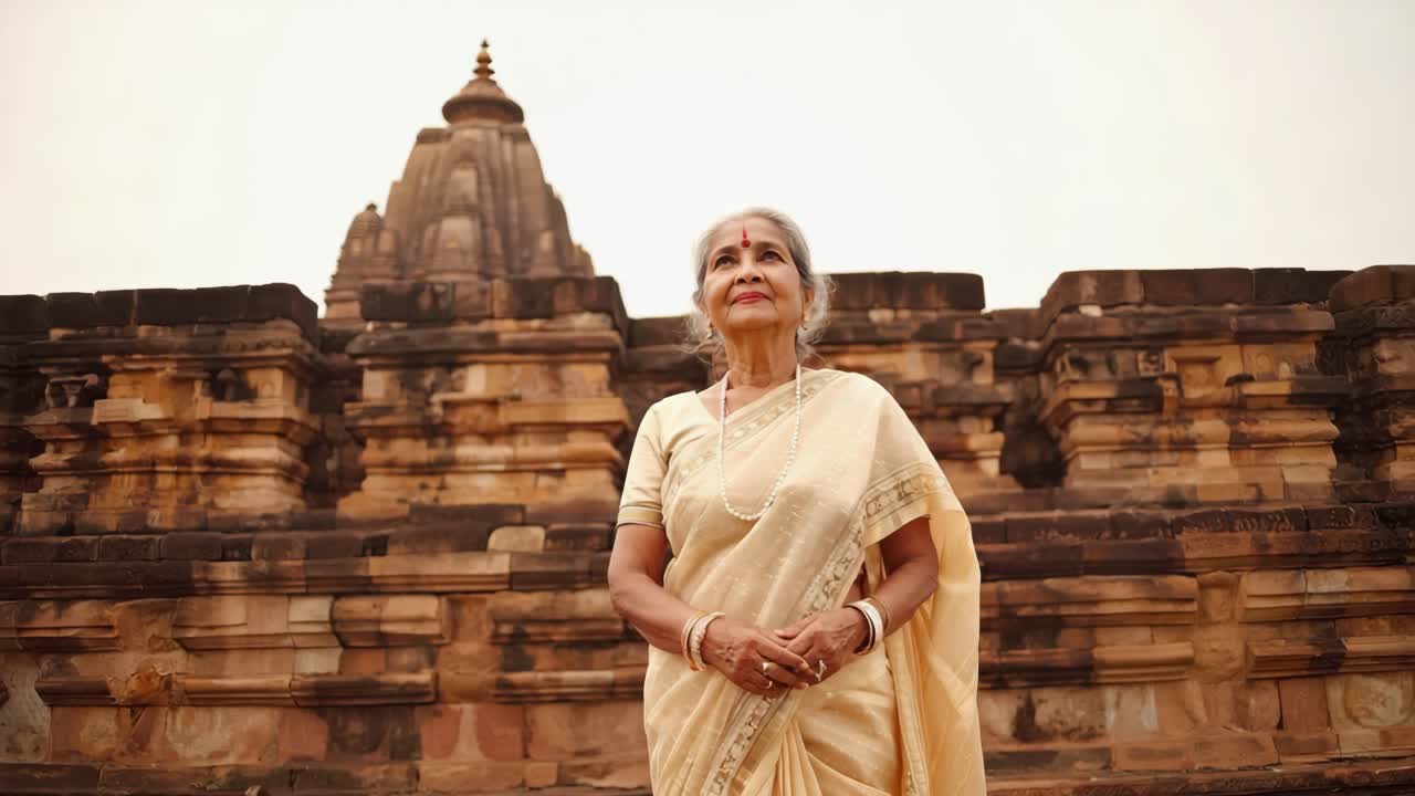 Elegant senior Indian woman wearing traditional clothing and jewelry poses near an ancient temple, embodying spirituality and cultural heritage in a serene atmosphere