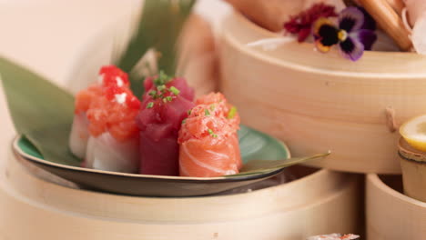 set of delicious and fresh salmon sashimi and tuna