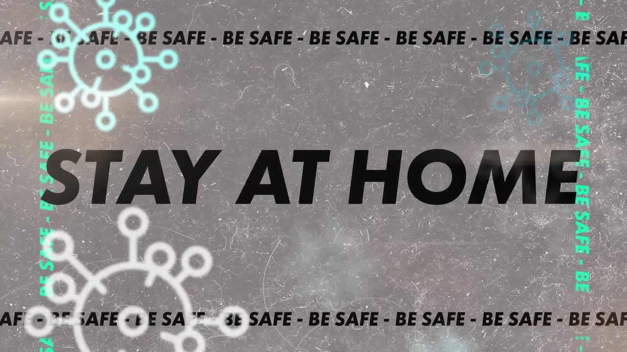 말의 애니메이션 집에서 안전하게 지내십시오 매크로 코로나19 세포로 프레임을  ⁇ 박이고 만 ⁇ 니다.