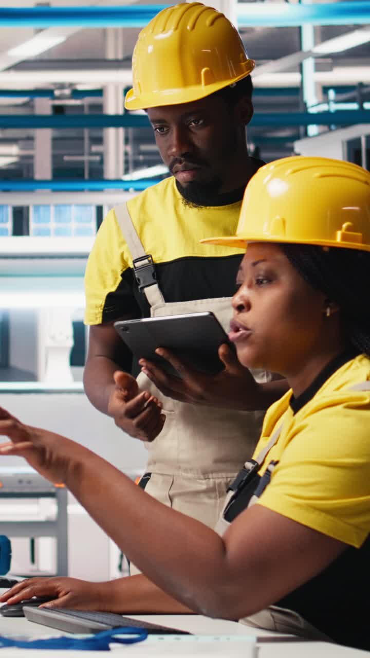 Vertical Video Black employees analyzing production line solar panels in photovoltaics factory
