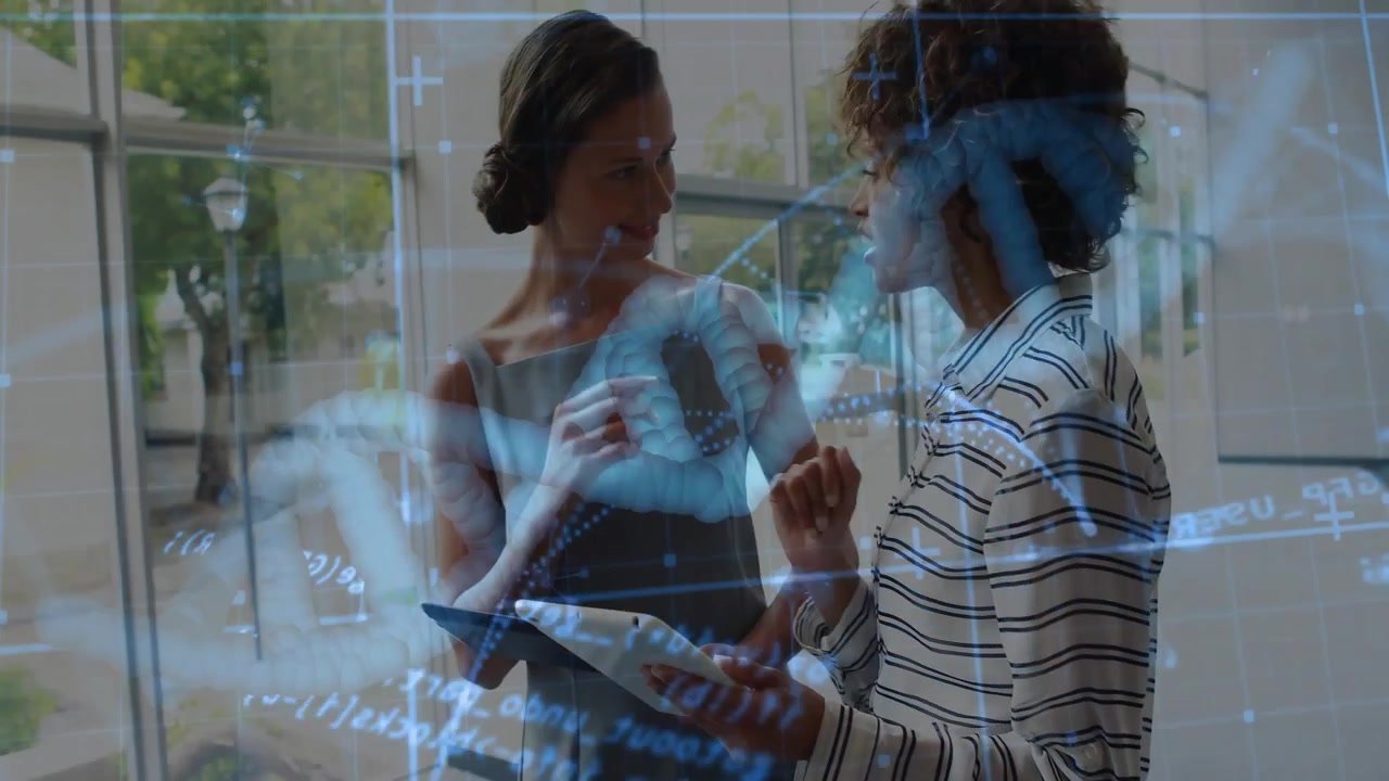 Vertical video: Right woman showing tablet peers pointing and approving deck under blue DNA overlay