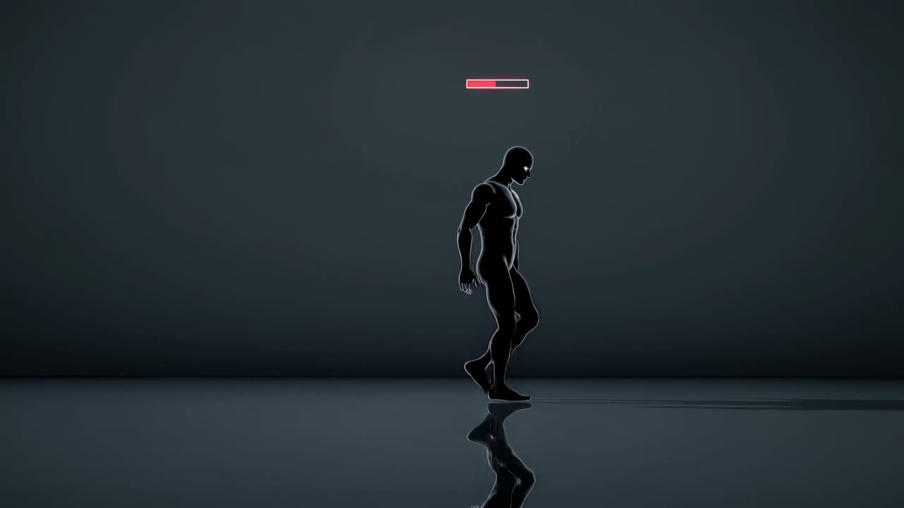 Human silhouette walking on reflective surface, casting shadow while red battery indicator gradually depleting above head, symbolizing human energy decline and performance struggle