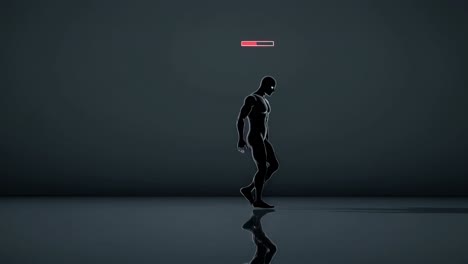 human silhouette walking on reflective surface, casting shadow while red battery indicator gradually depleting above head, symbolizing human energy decline and performance struggle