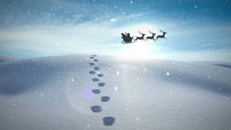 Animation-of-snow-falling-over-santa-claus-in-sleigh-with-reindeer-and-winter-landscape