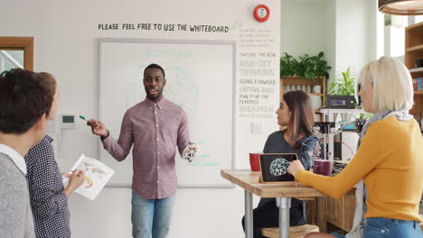 reunión de equipo de negocios empresario afroamericano presentando la idea del plan de crowdsourcing a los inversores de startups tecnológicas en una oficina de moda hipster