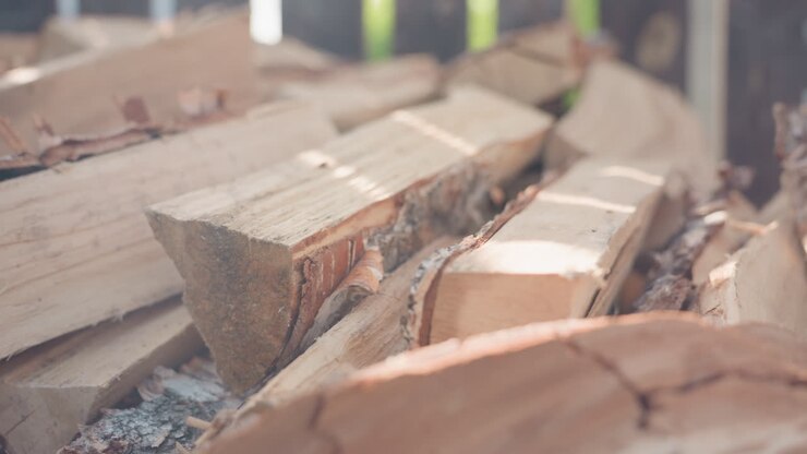 Close up of neatly stacked split logs resting on paved ground outdoors near wood fence under soft blur background and warm natural light highlighting wood grain textures, bark edges