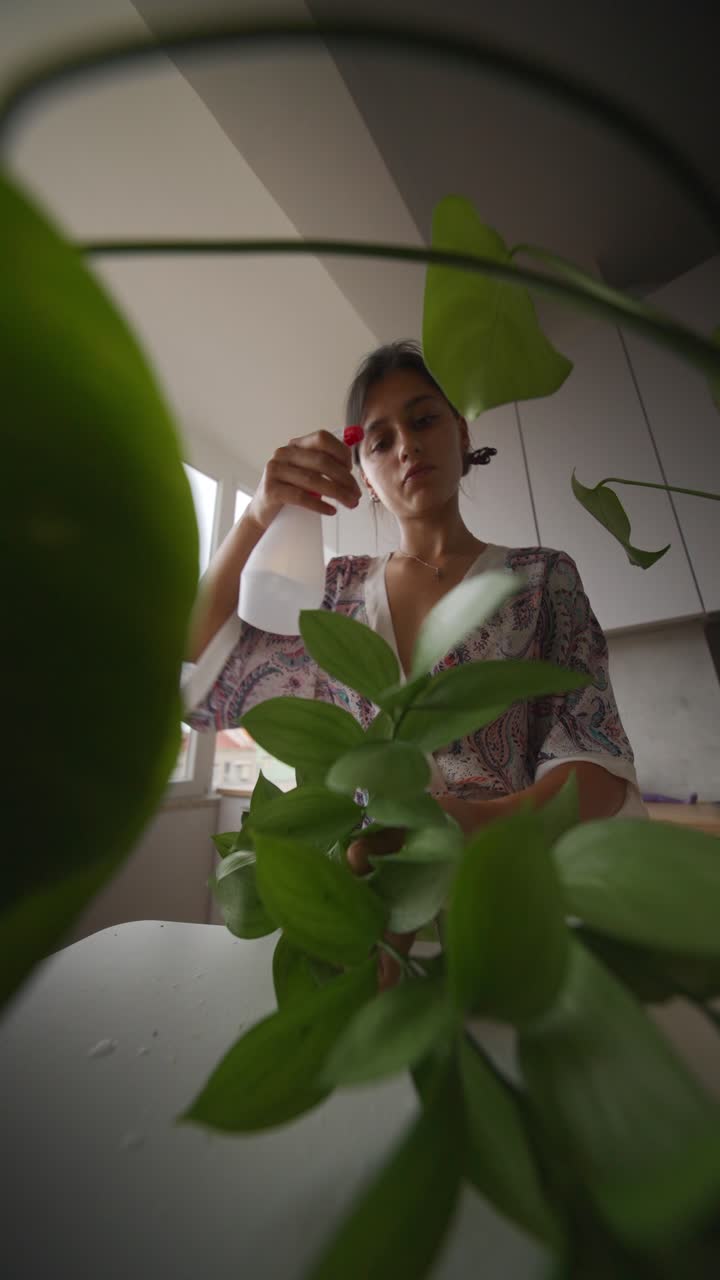 Woman watering houseplants in kitchen