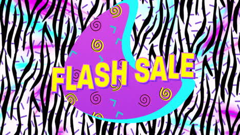 digital animation of flash sale text on purple banner over zebra stripes pattern on white background