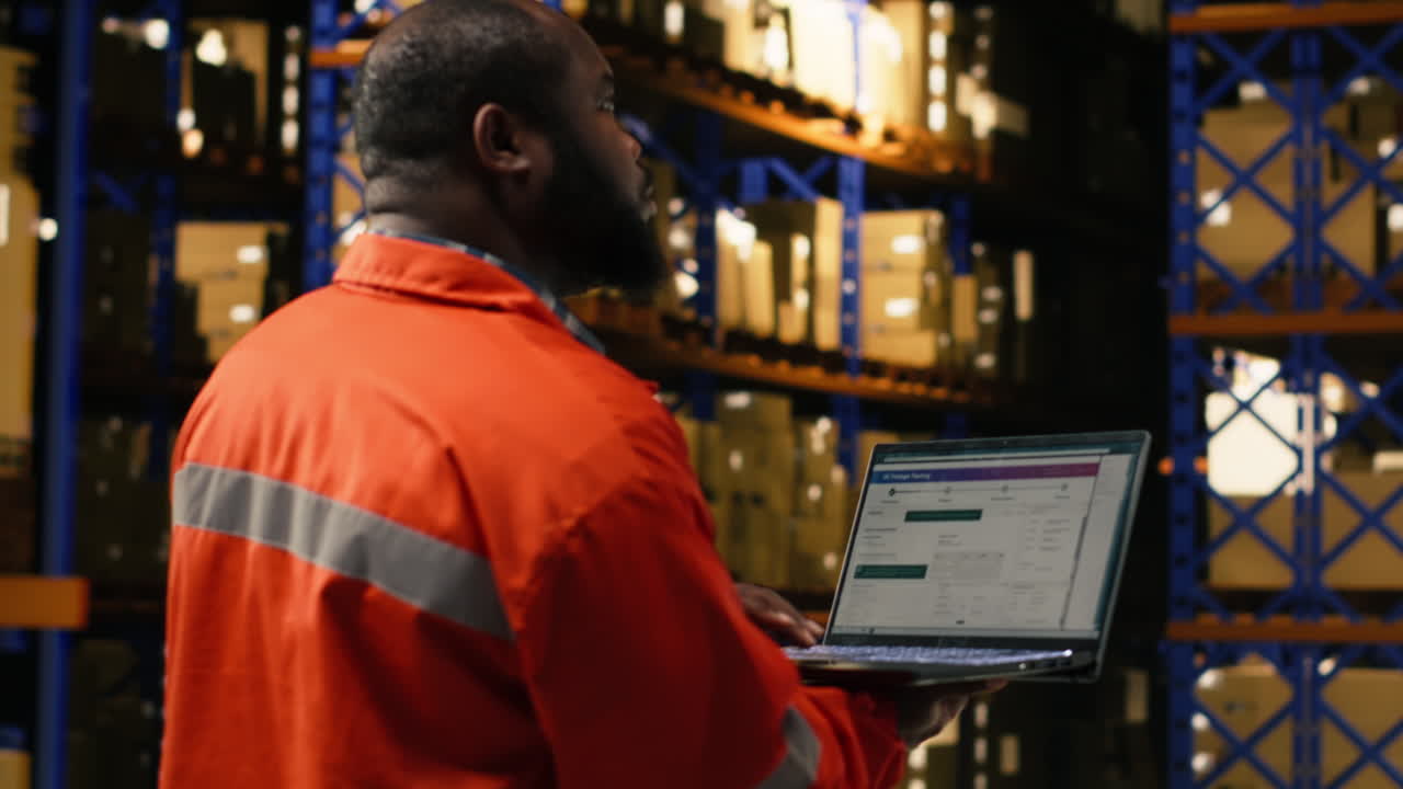 Black depot employee checking inventory data on laptop near racks
