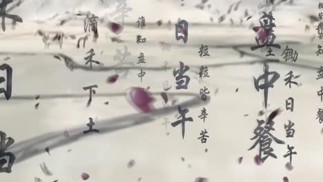 신비로운 풍경: 중국의 전통적인 동양 디지털 예술 애니메이션, 중국 레트로 페인팅 잉크, 꽃, 나무, 새, 흐린 배경의 강