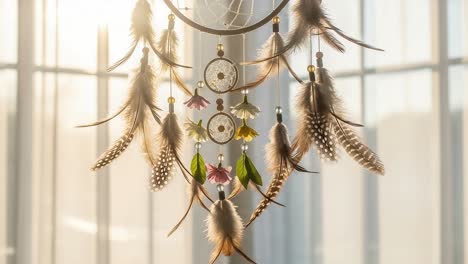 a captivating display of a dreamcatcher adorned with feathers and colorful accents bathed in soft natural light
