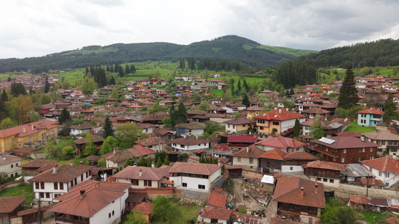 Aerial footage captures the rustic beauty of Koprivshtitsa, a historic Bulgarian town rich in culture, located in the Balkan region.