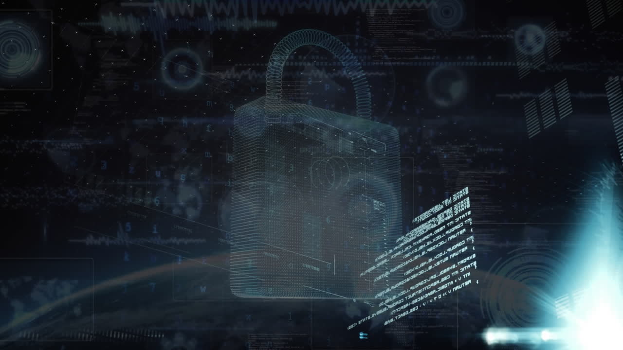 animación del procesamiento de datos, pantallas digitales y candado en el espacio digital oscuro.