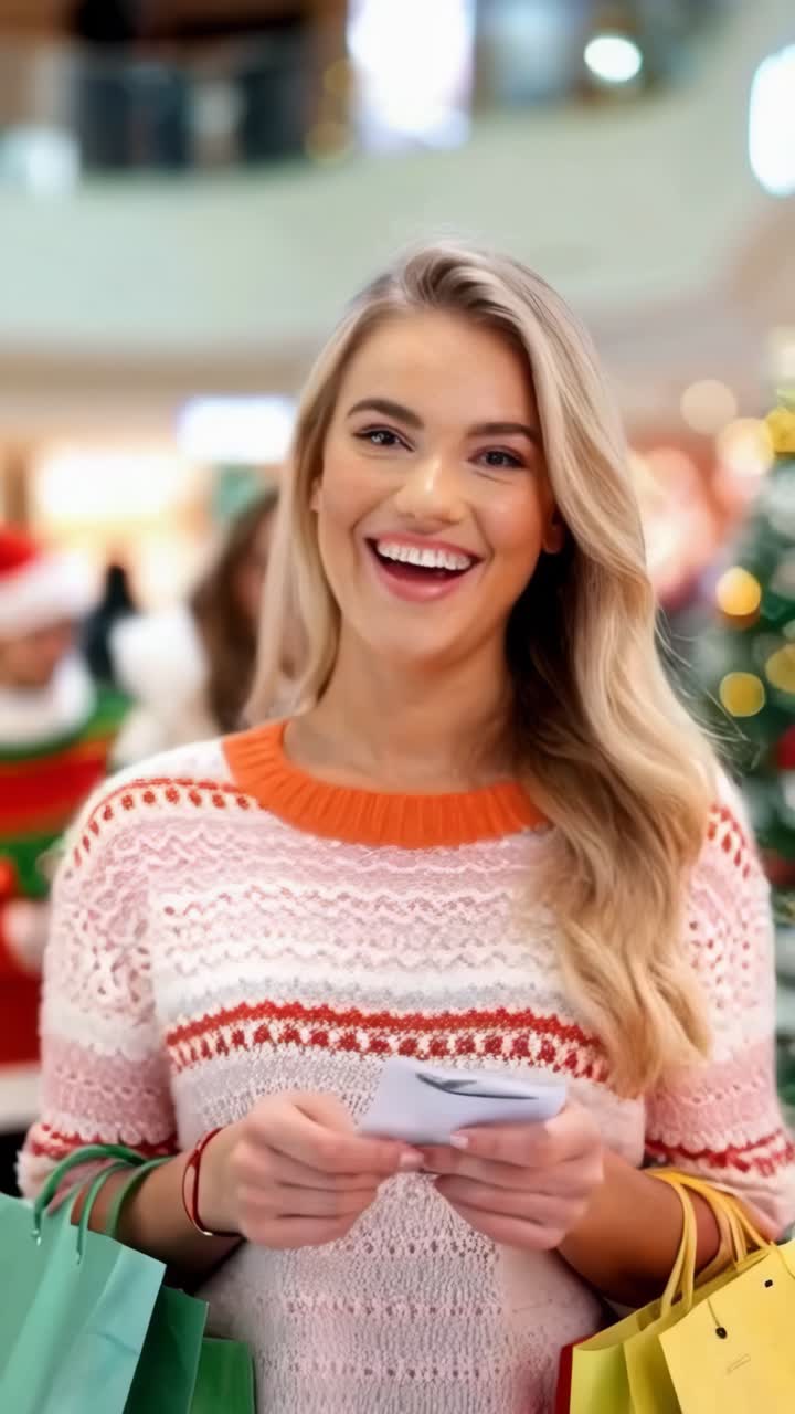 Young blonde woman holding shopping paper bags in a shopping mall, Christmas season