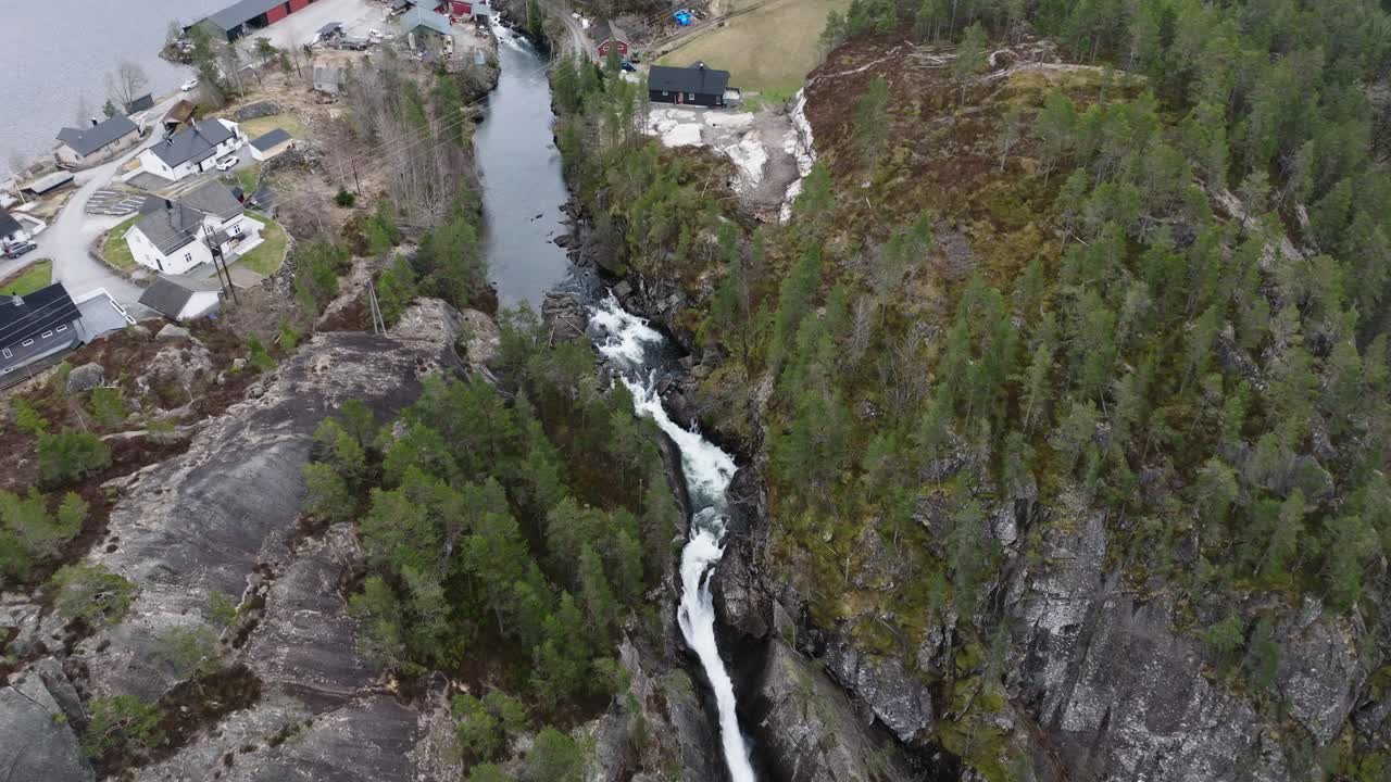 Aerial View of Latefossen Waterfall in Picturesque Landscape. Fall and Gronsdalslona River, Long Drone Shot