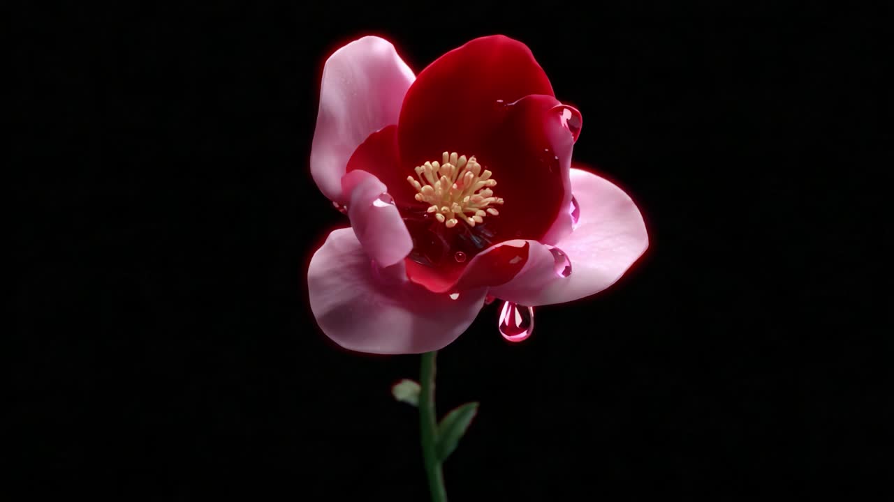 A stunning close-up of a vibrant red and pink flower captured against a dark background, showcasing its intricate details with droplets glistening, highlighting the exquisite beauty of nature in full bloom