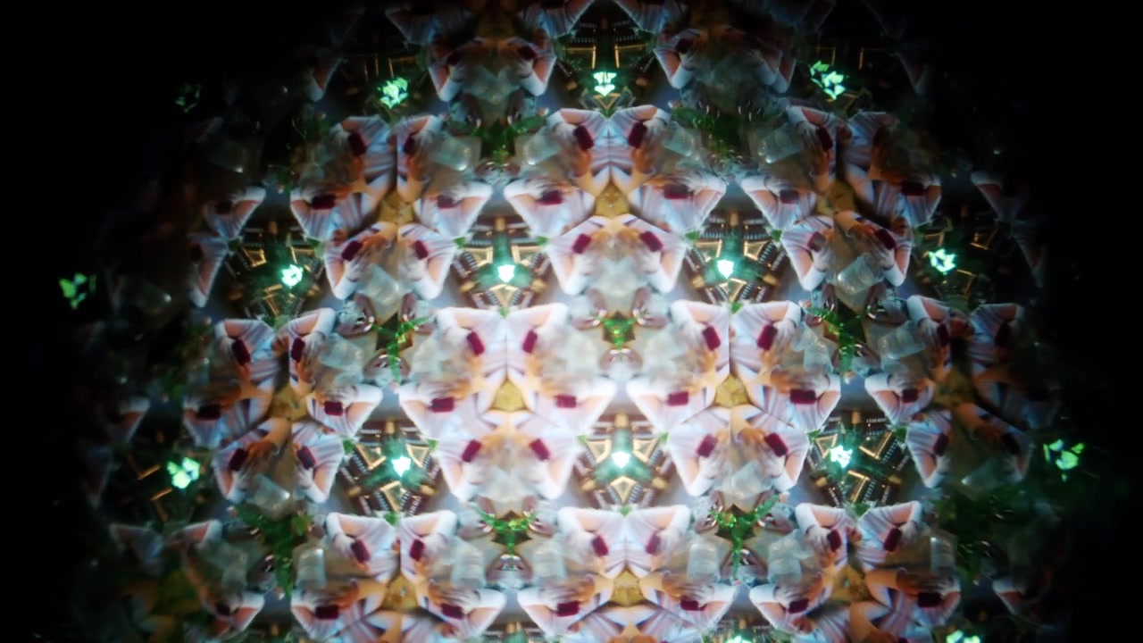 Abstrakt kaleidoskopisk bilde dannet av speilvendte organiske teksturer som ligner skjell eller tørkede botaniske elementer, og skaper symmetriske geometriske mønstre.