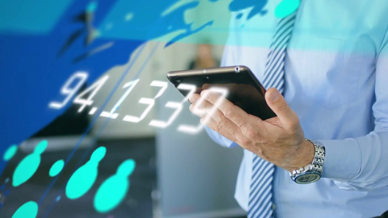 Male executive tapping phone and starting animated map HUD with numeric data for business analytics