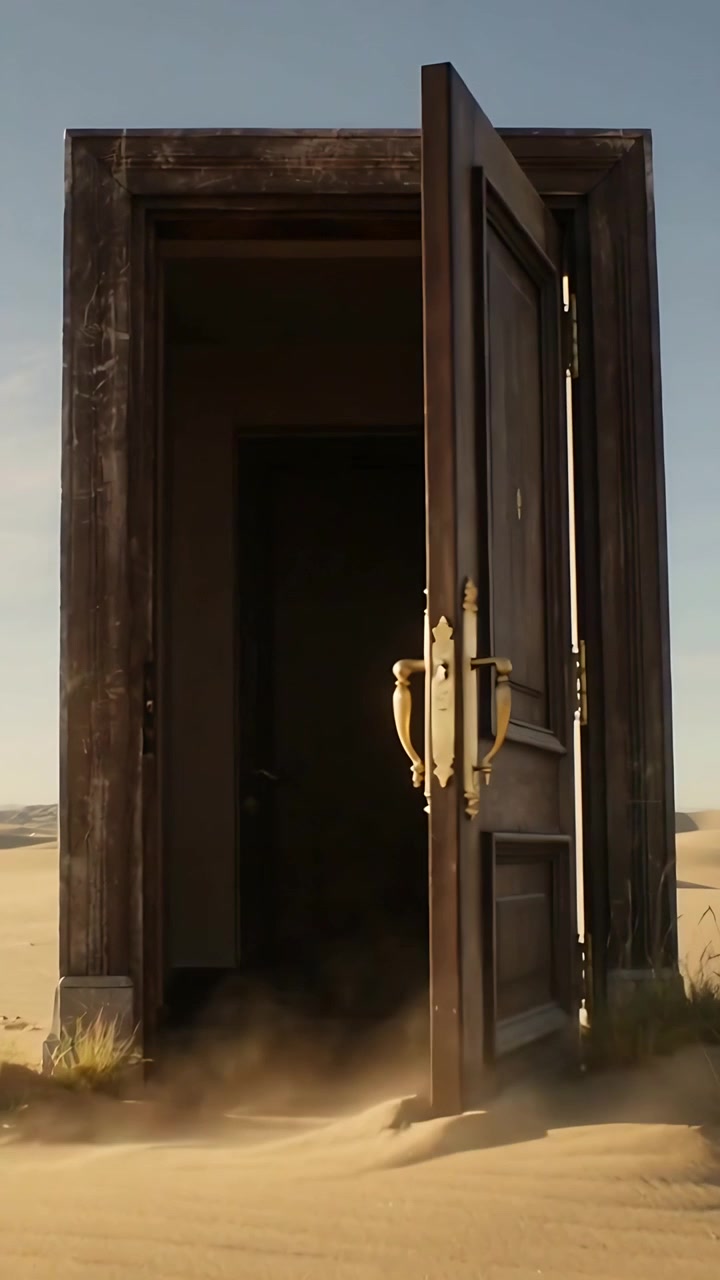 Video verticale: Vento che spinge una porta di legno che si apre sulle dune, con una maniglia di ottone che luccica rivelando una porta interna.