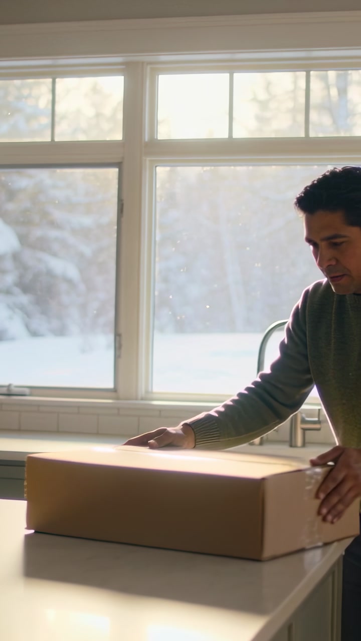 Vertical video: Reaching man in sweater sliding box on kitchen island preparing to open, copy space