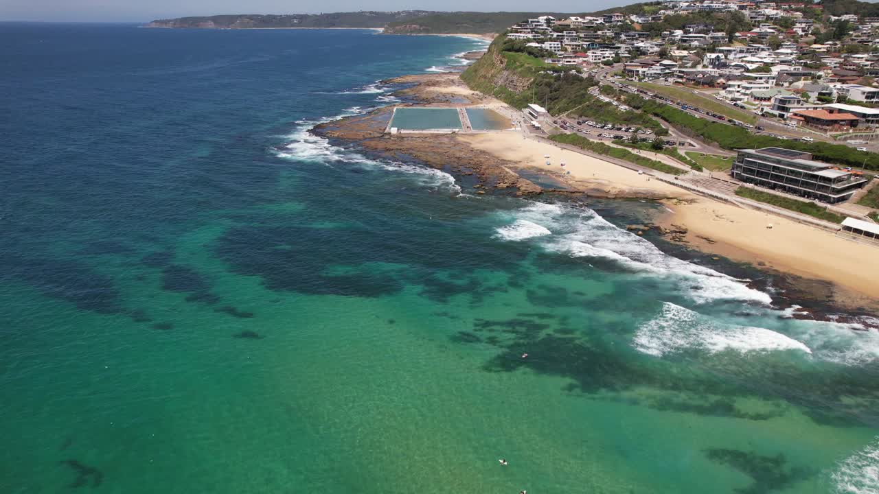 Merewether Ocean Baths With Merewether Beach In New South Wales, Australia - Aerial Shot