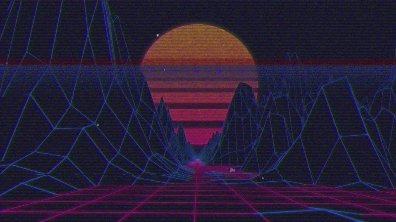 오렌지색 태양과 함께 움직이는 검은 풍경 위에 왜곡의 선의 애니메이션