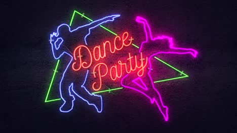 realistic render of a vivid and vibrant flashing animated neon sign, with the words dance party, on a concrete wall background