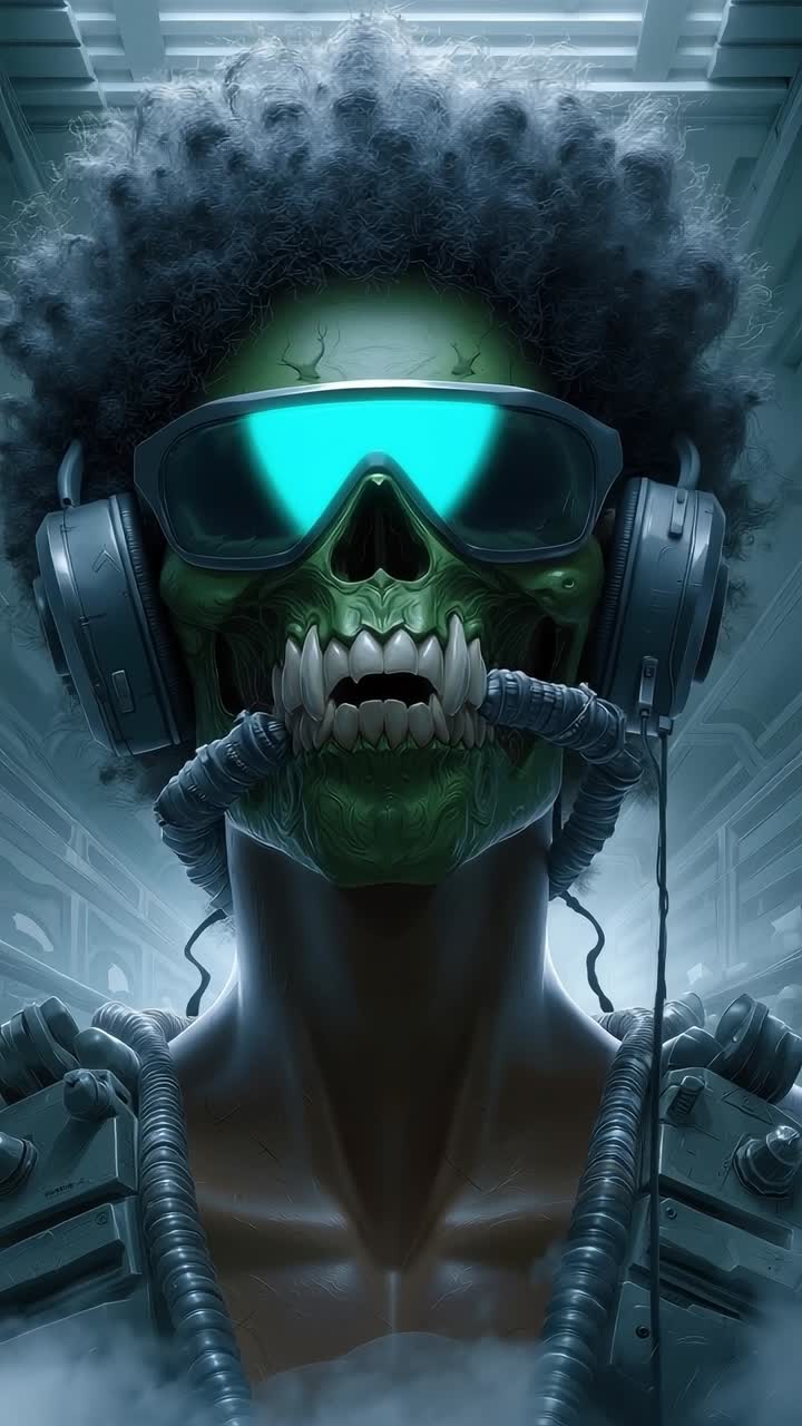A man with a skull wearing a gas mask and headphones