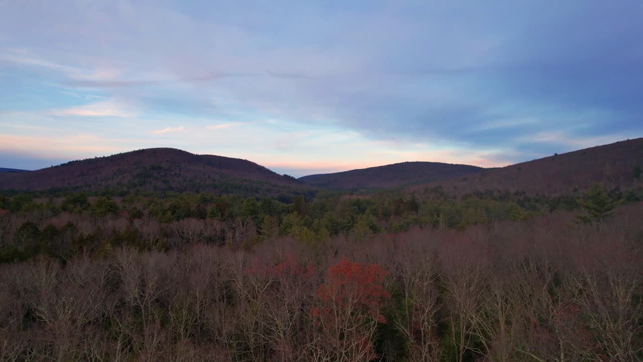 Aerial drone video footage of a beautiful calm late autumn evening in the Appalachian mountains